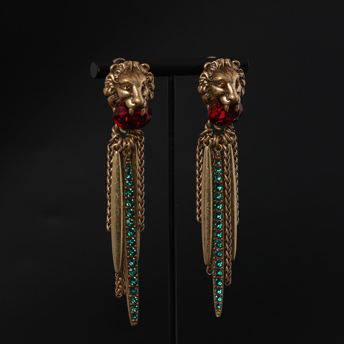 Luxury Gold Color Lion Head Red Crystal Drop Earring