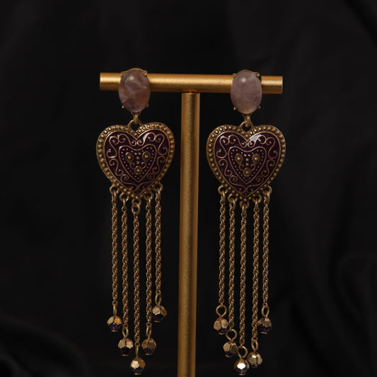 Fashion Trend Retro Literary Elegant Purple Heart-Shaped Long Tassel Earring