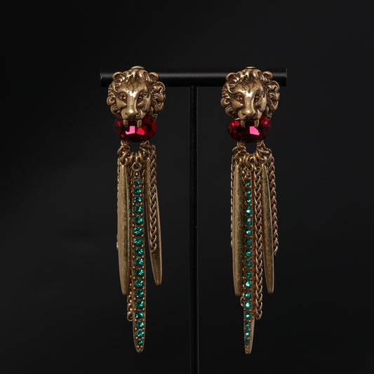 Luxury Gold Color Lion Head Red Crystal Drop Earring